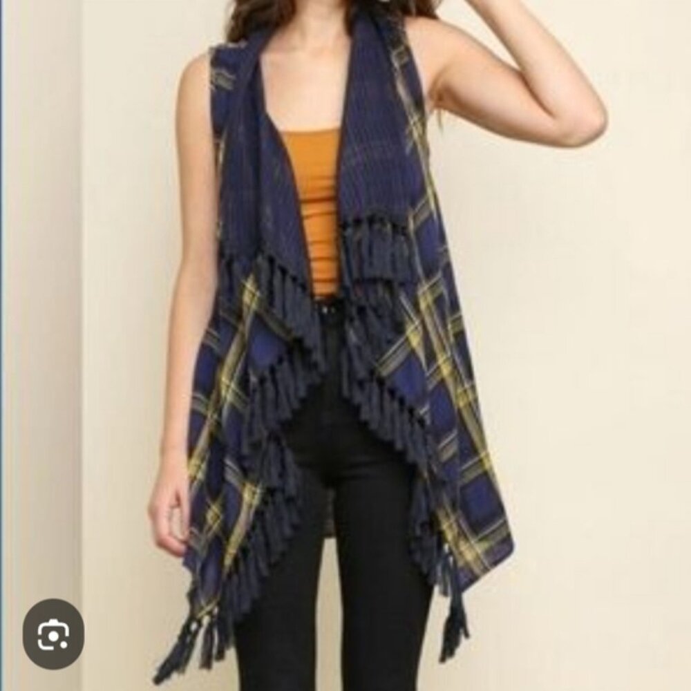 Umgee Blue Yellow Plaid Fringed Open Waterfall Vest Boho Small/medium